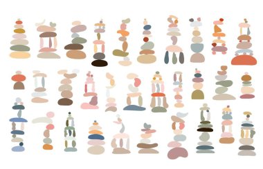 Zen stones cairns set simple abstract flat style vector illustration, relax, meditation and yoga concept, boho colors stone pyramid for making banners, posters, cards, prints, wall art
