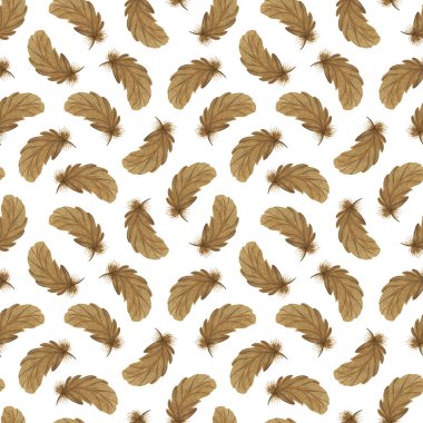 Rastgele sıralanmış kuş tüyleri kusursuz desenli boho tarzı suluboya resimleme yaratıcı kırsal tasarım için renkli süslü dekoratif kanatlar, hediye kağıdı, düğün davetiyesi, ev tekstili.