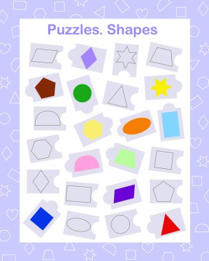 Geometrik şekiller bulmaca yazdırır ve renkli nesnelerle yaslanma biçimlerini keser vektör illüstrasyon, boş zaman veya çalışma etkinliği, çocuklar için eğitim sayma oyunu çalışma tablosu, öğretmenlerin kaynakları