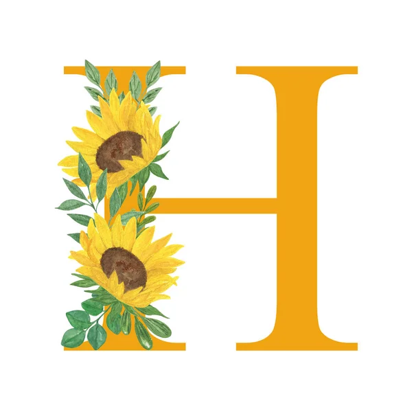 ABC, Letter H of Latin alphabet decorated with sunflowers and leaves, floral monogram watercolor illustration in simple hand painted style, summer flowers decorative letter