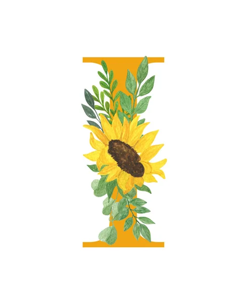 Abc Letter Του Λατινικού Αλφαβήτου Διακοσμημένα Ηλιοτρόπια Και Φύλλα Floral — Φωτογραφία Αρχείου