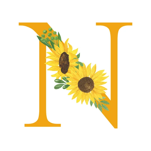 ABC, Letter N of Latin alphabet decorated with sunflowers and leaves, floral monogram watercolor illustration in simple hand painted style, summer flowers decorative letter