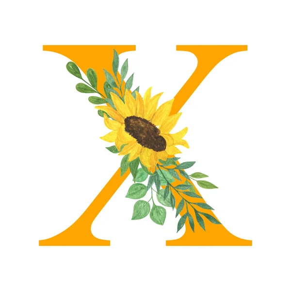 ABC, Letter X of Latin alphabet decorated with sunflowers and leaves, floral monogram watercolor illustration in simple hand painted style, summer flowers decorative letter