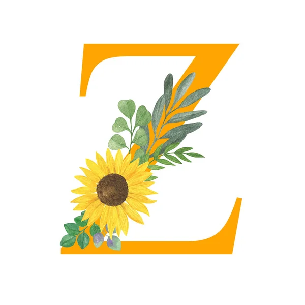 ABC, Letter Z of Latin alphabet decorated with sunflowers and leaves, floral monogram watercolor illustration in simple hand painted style, summer flowers decorative letter