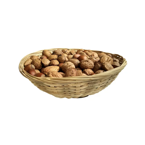Dried Nuts Wicker Bowl Isolated Object Top View Soft Focus — Stock Fotó