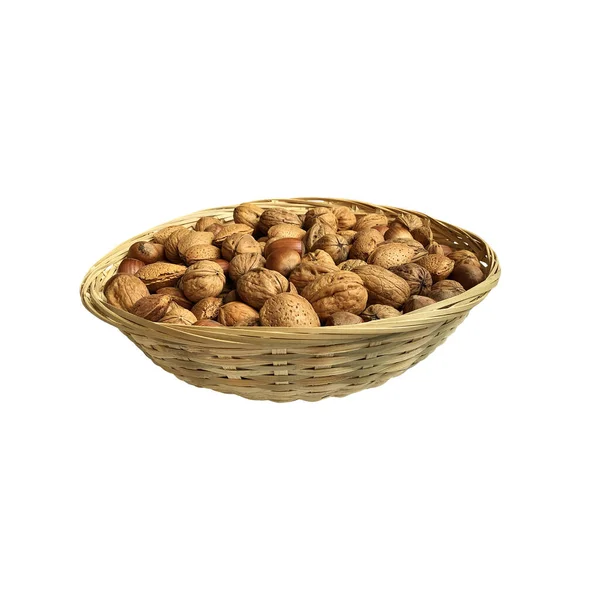 Dried Nuts Wicker Bowl Isolated Object Top View Soft Focus — Photo