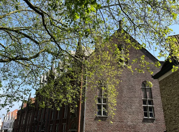 Традиционное Старомодное Кирпичное Здание Районе Парка Миннеаквапарка Брюгге Бельгия Весенний — стоковое фото