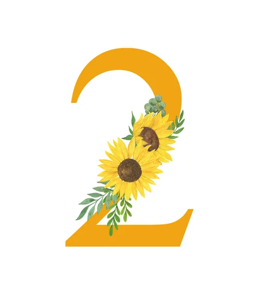 Número Dois Decorados Com Girassóis Folhas Monograma Floral Ilustração Aquarela — Fotografia de Stock