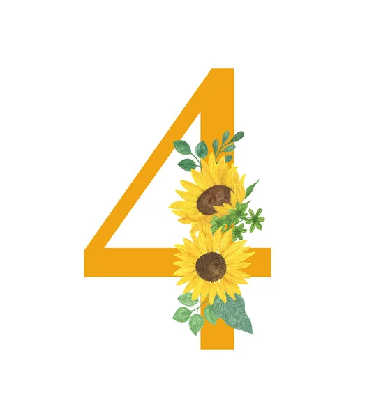 Número Cuatro Decorado Con Girasoles Hojas Monograma Floral Acuarela Ilustración —  Fotos de Stock