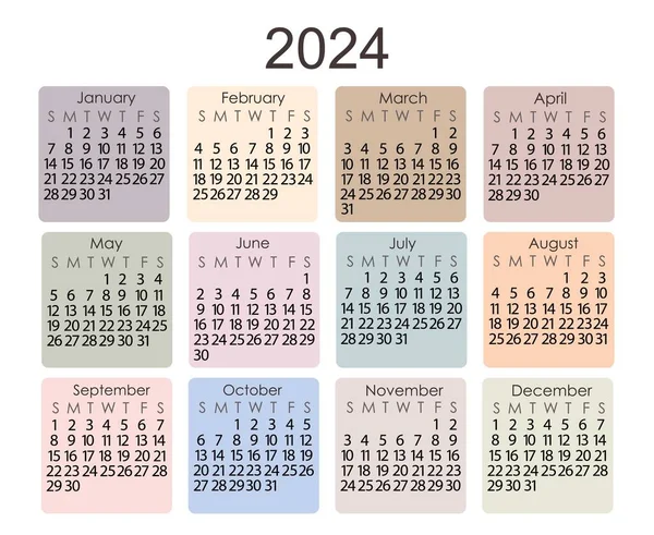 カレンダーテンプレート2024年のシンプルなミニマリストスタイルの水平方向 抽象的なカラフルな宝のパステルカラーの正方形の形状の背景で 週は日曜日に始まり ベクトル印刷可能なページ — ストックベクタ