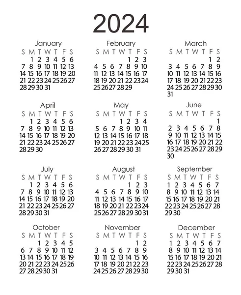 Calendar Template Year 2024 Simple Minimalist Style Week Starts Sunday — Stock Vector