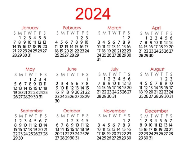 カレンダーテンプレート2024年のシンプルなミニマリストスタイルで 週は日曜日に始まり ベクトル印刷可能なページ — ストックベクタ