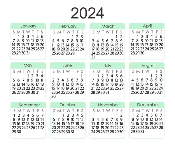 カレンダーテンプレート2024年のシンプルなミニマリストスタイルの水平方向 抽象的なカラフルな正方形の形状の背景で 週は日曜日に始まり ベクトル印刷可能なページ — ストックベクタ