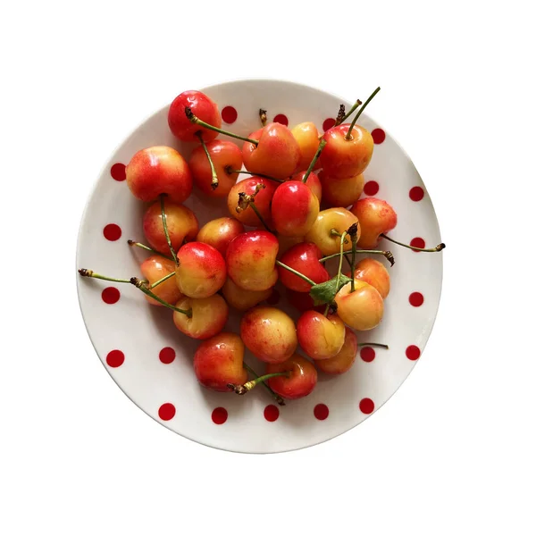 Frutas Cereja Brilhantes Cor Rosa Prato Branco Fruta Verão Doce — Fotografia de Stock