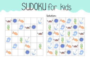 Deniz canlıları ve nesneler sudoku eğitim oyunu veya boş zaman aktivitesi çalışma tablosu çizelgesi çizimi, kayıp resimleri, kışı, çözümü ile bulmacayı, öğretmen kaynaklarını doldurmak için yazdırılabilir ızgara