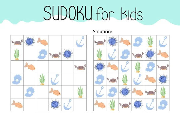 Criaturas Marinhas Objetos Sudoku Jogo Educativo Lazer Atividade Planilha Vetor —  Vetores de Stock