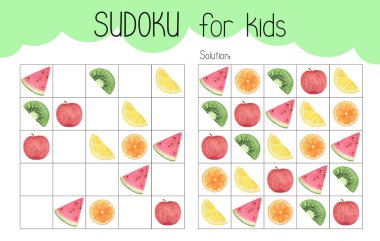 Sudoku eğitim oyunu etkinlik çalışma tablosu suluboya çizelgesi, kayıp resimleri, meyve dilimini, yemek malzemelerini, güncel sözcük dağarcığını, bulmaca çözümünü, öğretmen kaynağını doldurmak için basılabilir şebeke