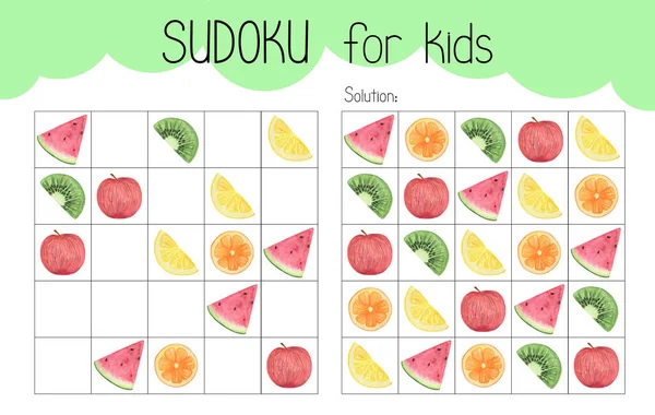 Sudoku Educational Game Leisure Activity Worksheet Watercolor Illustration Printable Grid — Stock Photo, Image