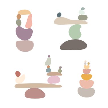 Zen stone cairns set in simple abstract doodle style vector illustration, relax, meditation yoga concept, boho color stone pyramid for making banner, poster, card, print, wall art