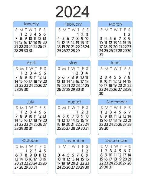 カレンダーテンプレート2024年のシンプルなミニマリストスタイル垂直肖像画の向き 抽象的なカラフルな正方形の形状の背景で 週は日曜日に始まり ベクトル印刷可能なページ — ストックベクタ