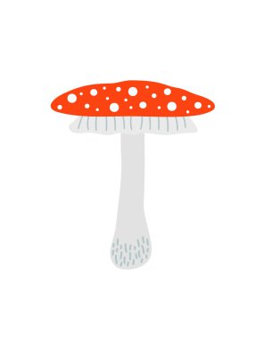 Beyaz noktalı mantar kırmızısı, yenmez cadı mantarlarının mevsimsel Cadılar Bayramı temsili sonbahar tatili basit minimalist çizim tarzı.