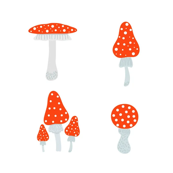 Mushroom Red White Dots Fly Agaric Set Seasonal Halloween Vector — Stock Vector