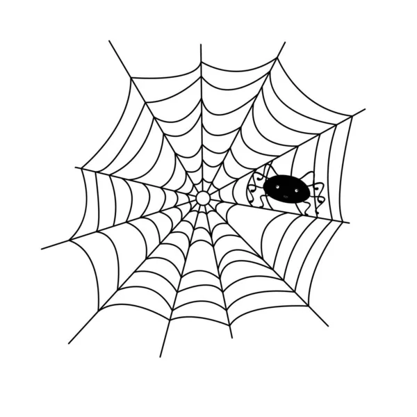 Spinnennetz Mit Niedlichen Kleinen Spinne Einfache Handgezeichnete Vektor Umriss Illustration — Stockvektor