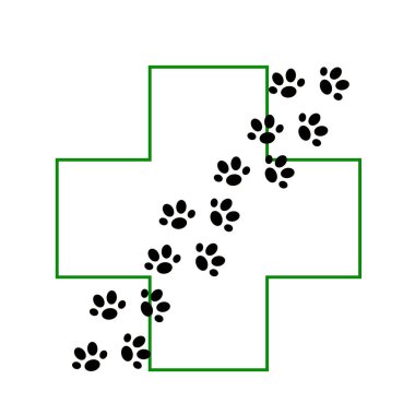 Kedi pençesi izleri ve çapraz sembol veteriner kliniği basit minimalist logo vektör çizimi, evcil hayvan sağlığı konsepti