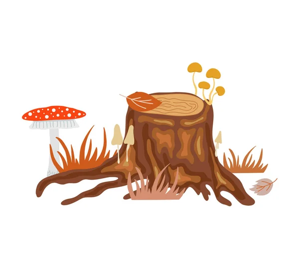 老树桩 蘑菇简单的涂鸦卡通人物插图 手绘图像万圣节 秋季佳节完美的文具 环保理念 — 图库矢量图片