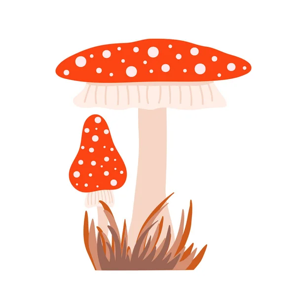 蘑菇红色 干草上有白点 苍蝇的不可知论构图季节性万圣节矢量画不可食用的女巫蘑菇秋季假期简朴简约的手绘涂鸦风格的图像 — 图库矢量图片