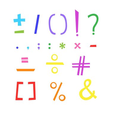 Noktalama işaretleri, dönem, ampersand, soru, ünlem, parantez el çizimi semboller, tipografi vektörü illüstrasyonu, ortografi, metin ayrımı