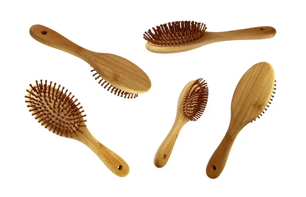 Tahta Saç Fırçaları Yalıtılmış Nesneler Bambu Maddeler Çevre Dostu Doğal — Stok fotoğraf