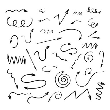 Oklar basit el çizimi vektör illüstrasyonunu ayarlar, farklı yönleri gösteren serbest form işareti