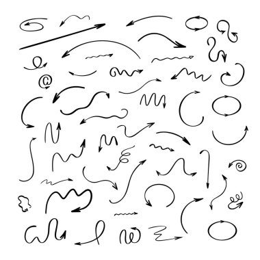 Oklar basit el çizimi vektör çizimi, serbest biçim eğriliği, farklı yönleri gösteren düz işaretler ayarlar