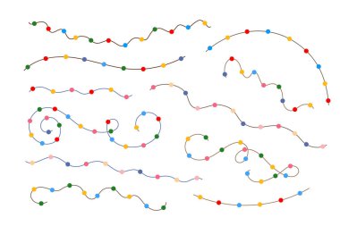 Noel renkli ışıklar kıvırcık telli çelenkler basit karalama el çizimi vektör çizimleri, yeni yıl tatili için düz stil karikatür resmi, doğum günü olayları tasarımı