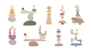 Zen stone cairns set in simple abstract doodle style vector illustration, relax, meditation yoga concept, boho color stone pyramid for making banner, poster, card, print, wall art