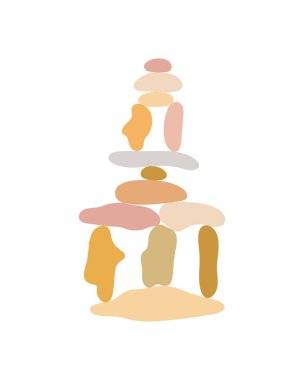 Zen taşları basit soyut düz stil illüstrasyon, rahatlama, meditasyon ve yoga konsepti, afişler, posterler, kartlar, baskılar, duvar resimleri yapmak için boho renkleri taş piramidi oluşturur.