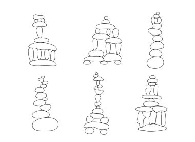 Zen taşı cairns set in simple soyut doodle style outline vector illustration, relax, meditasyon yoga konsepti, boho stone pyramid clipart for making banner, poster, card, print, wall art