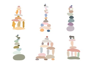 Zen stone cairns set in simple abstract doodle style vector illustration, relax, meditation yoga concept, boho color stone pyramid for making banner, poster, card, print, wall art