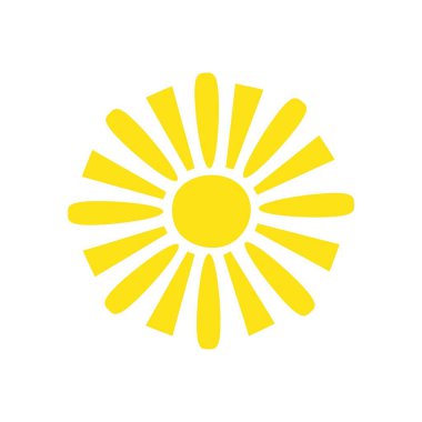 Yuvarlak şekilli, sarı güneş vektörü düz çizimi orta ve kirişler, çocuklar için kart, dekor, tatil konsepti, tatil ve yaz tatili tasarımı için sevimli yaz resmi