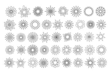 Basit anahat güneşleri yuvarlak şekilli vektör çizimi çizimi orta ve kirişler, çocuklar için kart, dekor, tatil konsepti, tatil ve yaz dönemi tasarımı için şirin yaz resmi