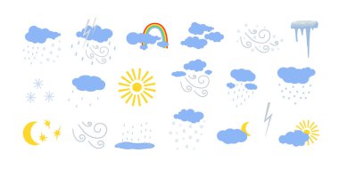 Meteoroloji elementleri güneş, rüzgar, yağmur, sis, bulutlar sevimli el çizimi minimalist vektör çizimi, hava, çevre, iklim karikatürü nesnesi, hava tahminleri görüntüsü için basit bir sembol