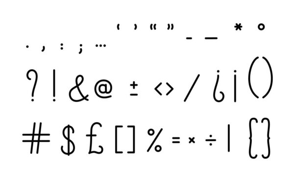 Знаки препинания, точка, запятая, амперсанд, вопрос, восклицание, скобки простые рукописные символы, типографические векторные иллюстрации, математика, орфография, разделение текста