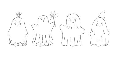 Yüz duyguları olan küçük sevimli hayaletler basit el çizimi çizimleri, ürkütücü peri masalları, Cadılar Bayramı kutlamaları için süslü karakterler, afişler, kartlar, poster dekorları.