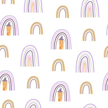 Cadılar Bayramı gökkuşağı pürüzsüz desen, basit el çizimi modaya uygun pastel renkler, tekstil için mükemmel minimalist konsept, kutlama dekorasyonu, kartlar, hediye kağıdı, kağıt işçiliği