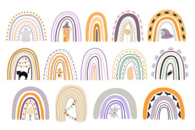 Halloween rainbow set abstract shape, simple hand drawn silhouette illustration in trendy pastel colors, minimalist concept perfect for celebration decor, cards, banners, posters, textile, papercraft clipart