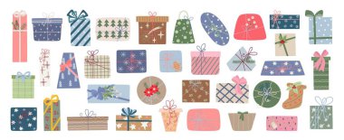 Kurdeleli ve fiyonklu tatil kutuları vektör illüstrasyonları, Mutlu Noeller ve Mutlu Noeller geleneksel kış bayramı dekorasyonu, poster tasarımı, tebrik kartı, çıkartma