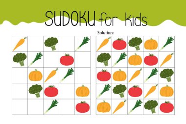 Sebzeler sudoku eğitim oyunu ya da boş zaman faaliyet çalışma tablosu el çizimi illüstrasyon, kayıp resimleri doldurmak için basılabilir şebeke, yemek güncel kelime dağarcığı, çözüm bulmacası, öğretmen kaynakları