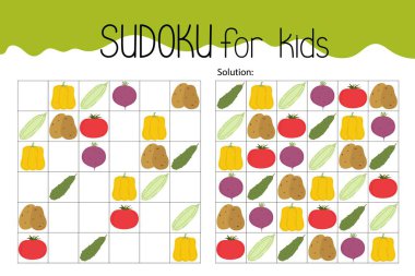 Sebzeler sudoku eğitim oyunu ya da boş zaman faaliyet çalışma tablosu el çizimi illüstrasyon, kayıp resimleri doldurmak için basılabilir şebeke, yemek güncel kelime dağarcığı, çözüm bulmacası, öğretmen kaynakları