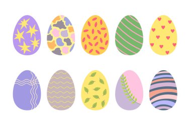 Paskalya yumurtası koleksiyonu rengarenk renklerle süslenmiş bayram sembolü, bahar kutlamaları için düz stil el çizimi vektör çizimi dekor, tebrik kartları, davetiyeler, afişler, web tasarımı